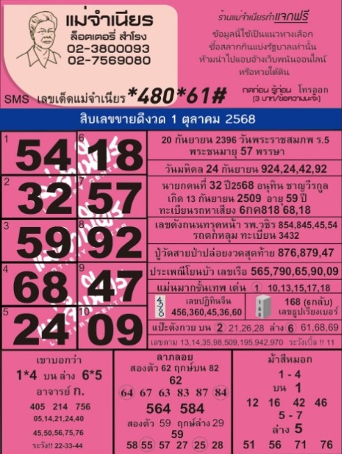 หวยแม่จำเนียร 1/10/68